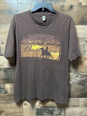 Anvil Budweiser King of Beers Cowboy Graphic T Shirt Mens Large Brown Beer Tee